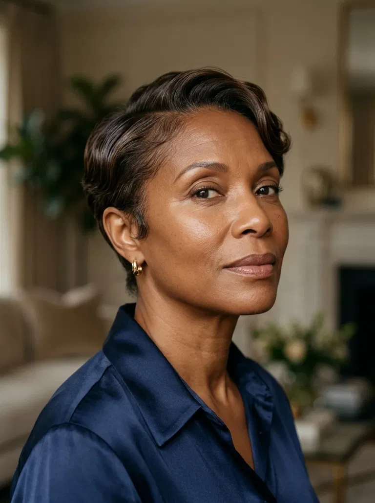 Black woman wearing a scarf-tied textured pixie hairstyle