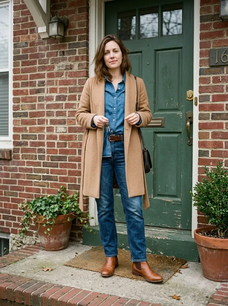 Denim-on-Denim with a Camel Wrap Coat