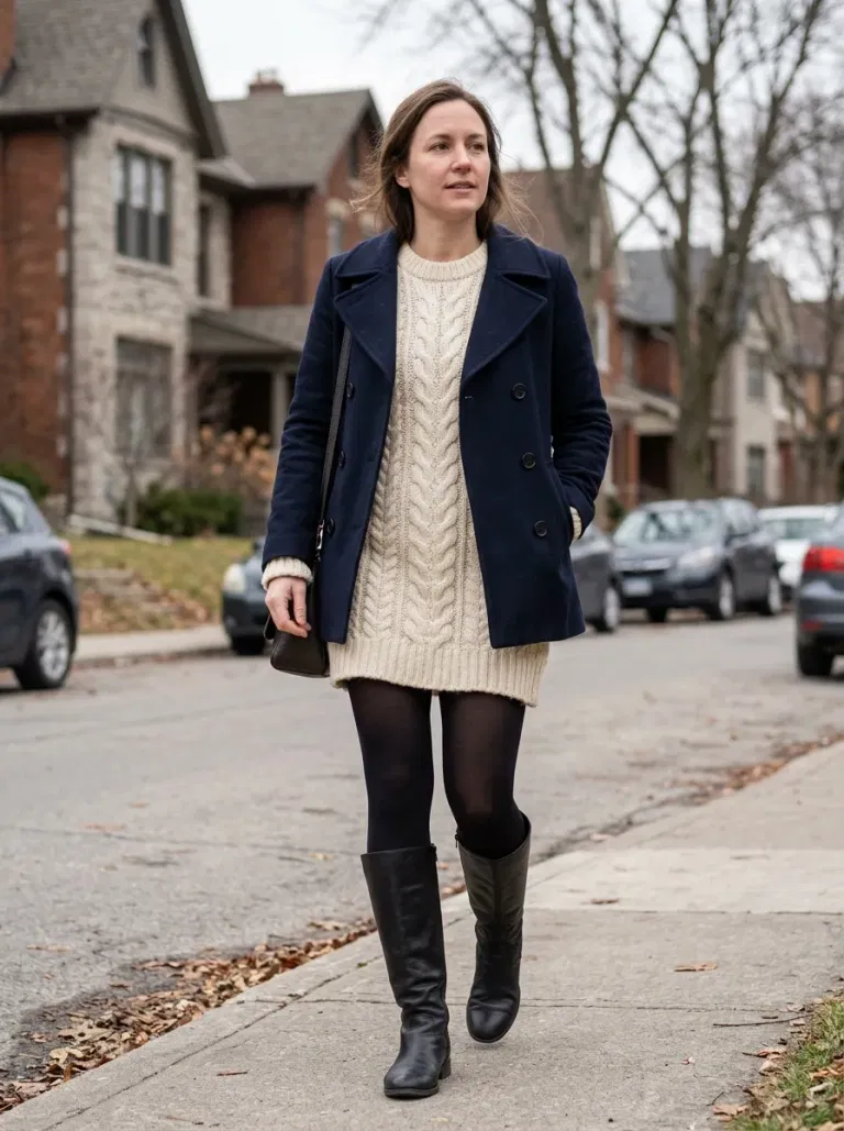 Cream Cable-Knit Mini Sweater Dress with Black Opaque Tights