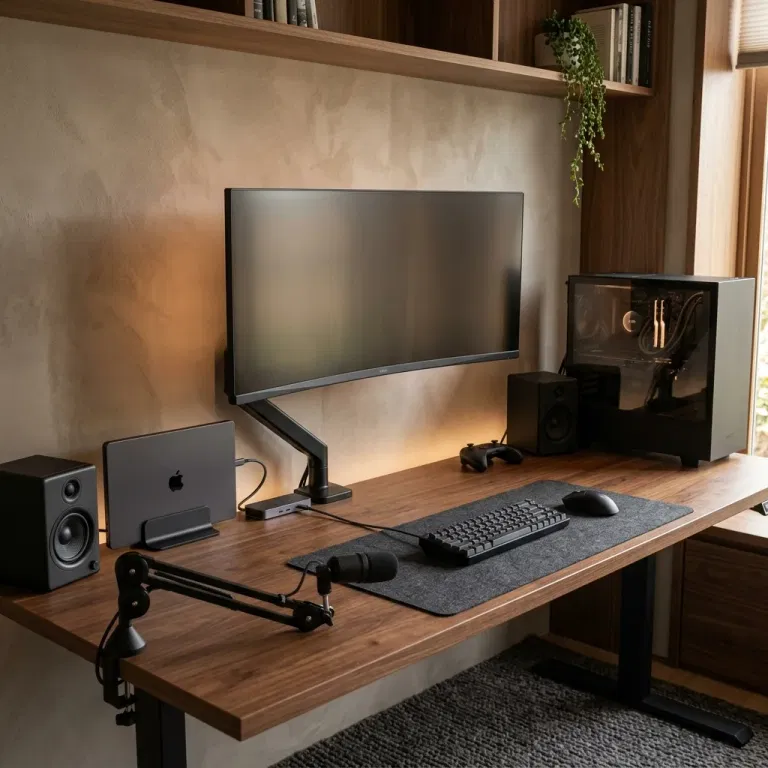 Gaming office with a monitor arm and laptop in a vertical stand