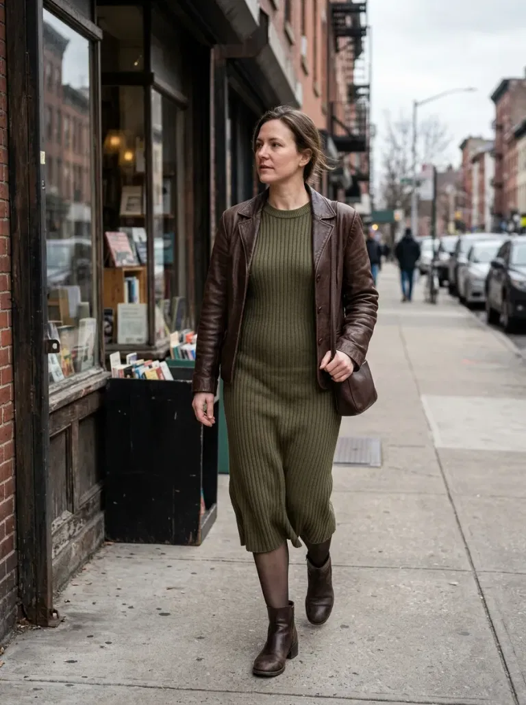 Olive Ribbed Midi Sweater Dress with Chocolate Leather Jacket