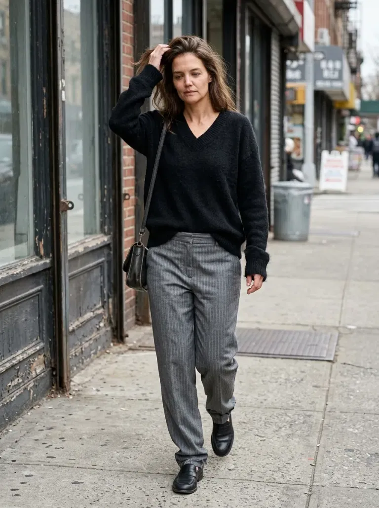 Black Relaxed V-Neck Sweater with Grey Pinstripe Trousers