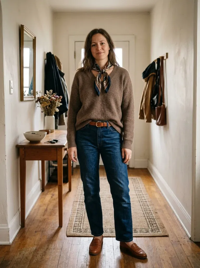 Mocha V-Neck and Navy Straight Jeans
