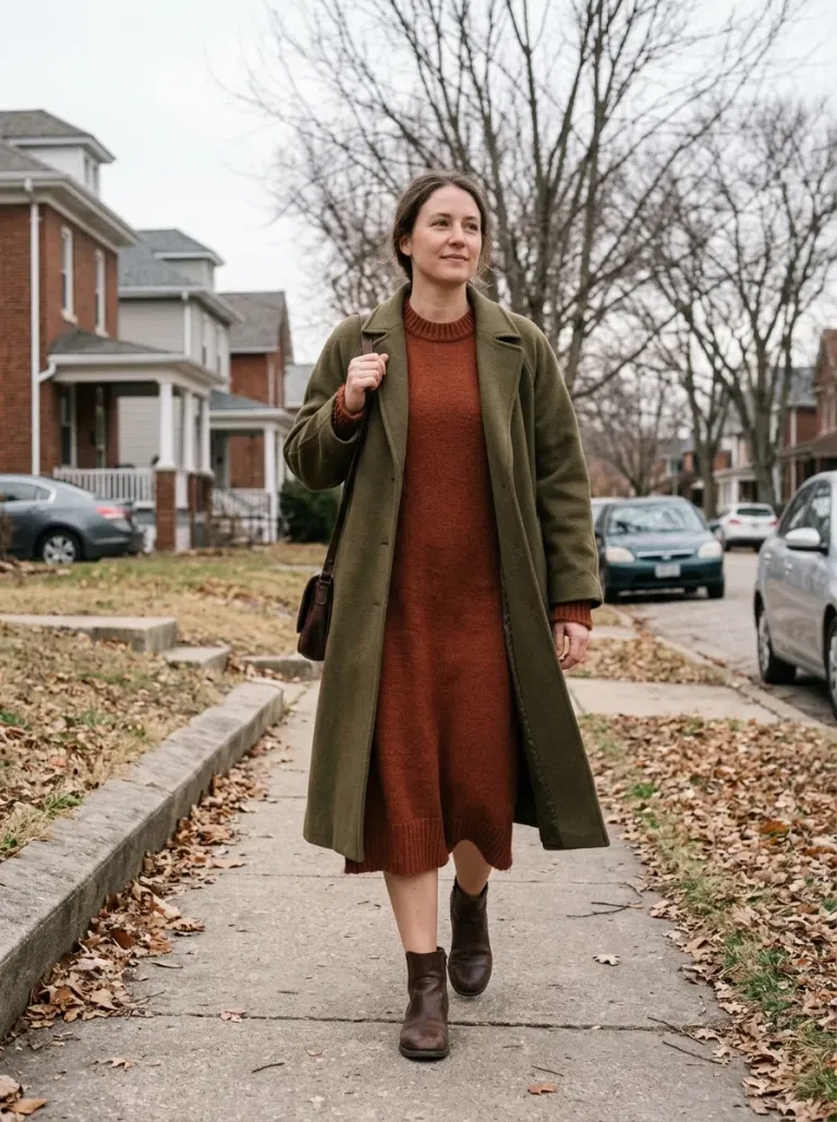 Rust Crewneck Midi Sweater Dress with Olive Long Coat