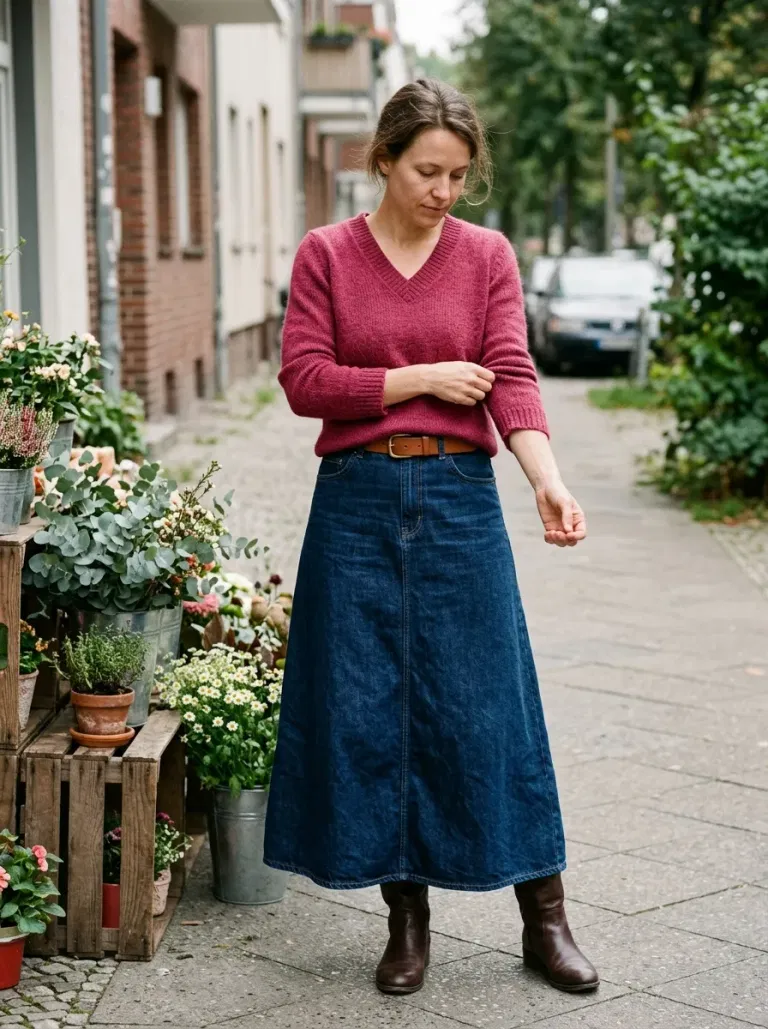 Raspberry V-Neck Sweater with Navy Denim Maxi Skirt