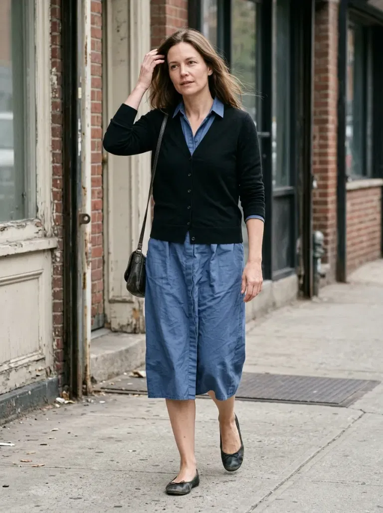 Black Fine-Knit V-Neck Cardigan with Blue Cotton Shirt Dress
