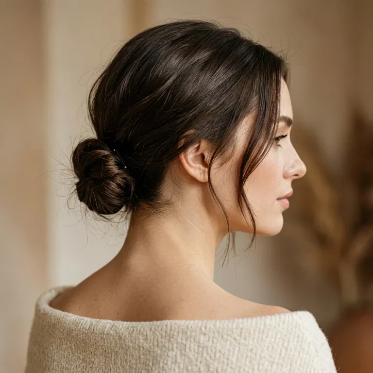 Short hair gathered into a low mini bun