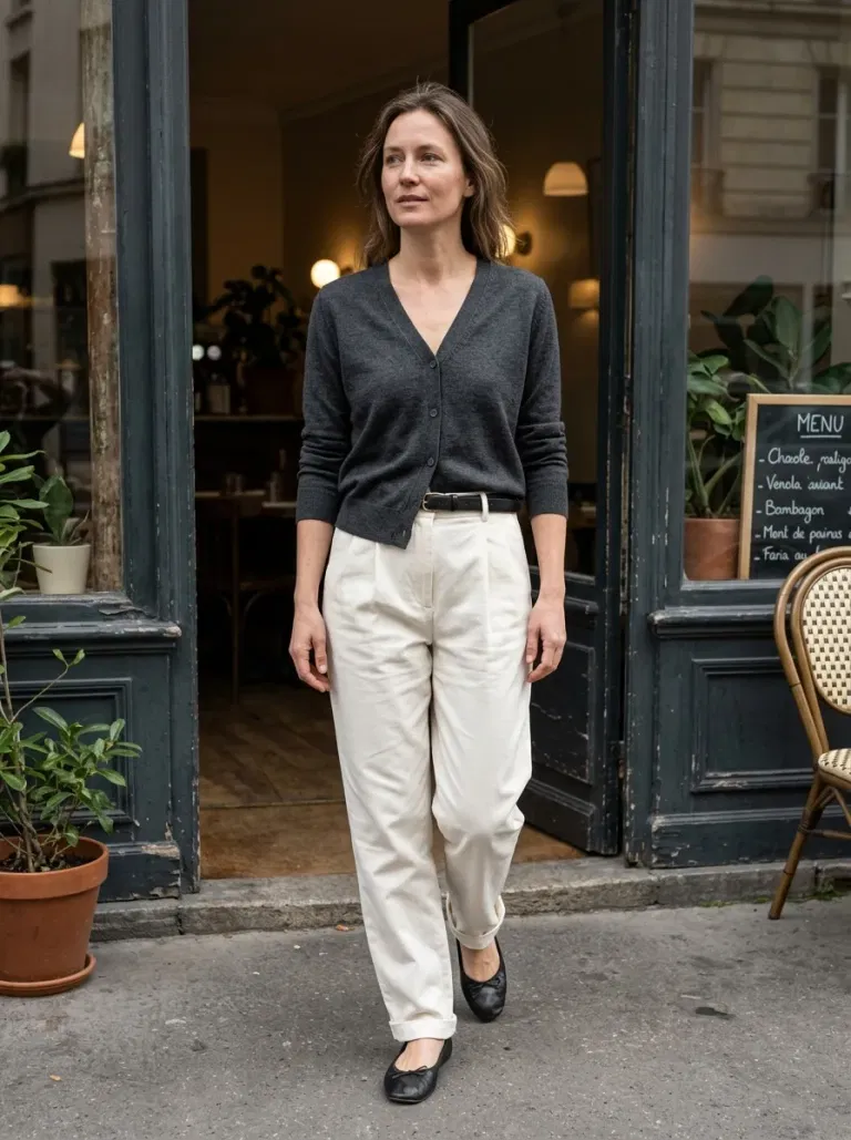 Charcoal Fine-Knit V-Neck Cardigan with Ivory Pleated Trousers
