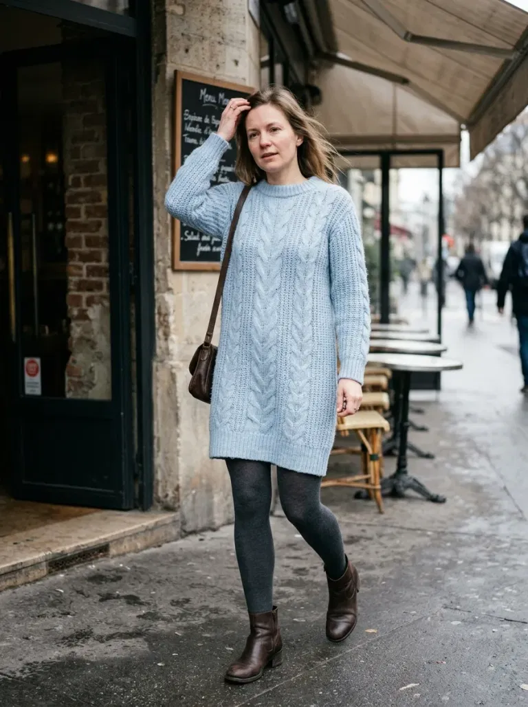 Soft-Blue Cable Sweater Dress with Charcoal Opaque Tights