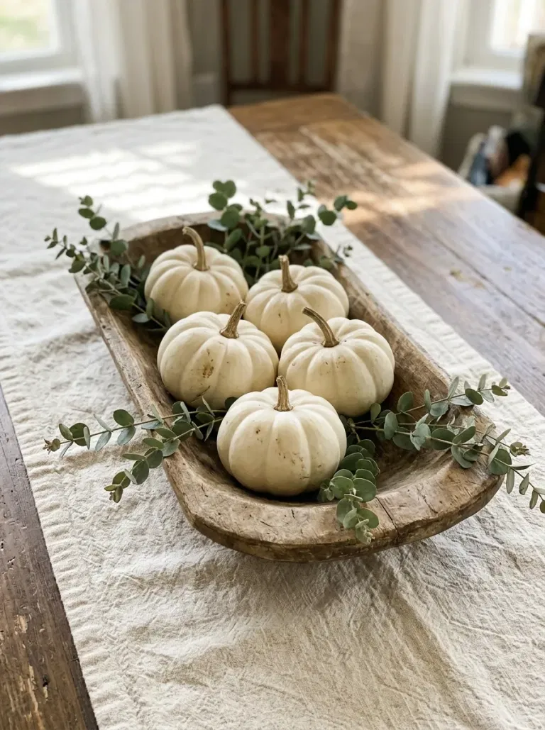 White Pumpkins in a Wooden Dough Bowl