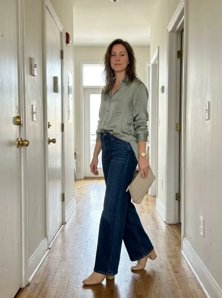 Sage Satin Shirt and Wide-Leg Jeans