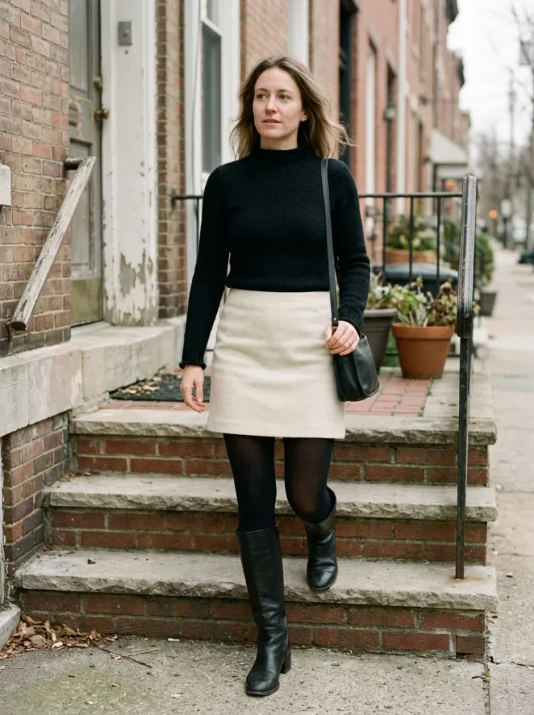 Black Fitted Mock-Neck Sweater with Cream Wool Mini Skirt