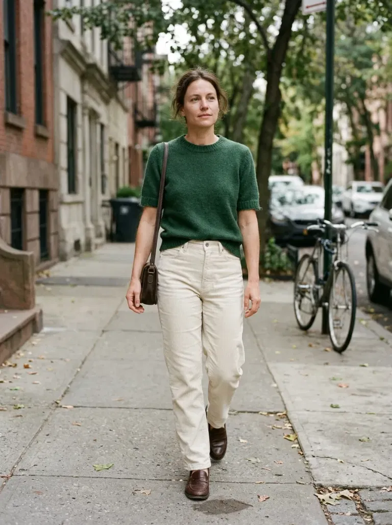 Forest-Green Short-Sleeve Knit Top with Cream Corduroy Trousers