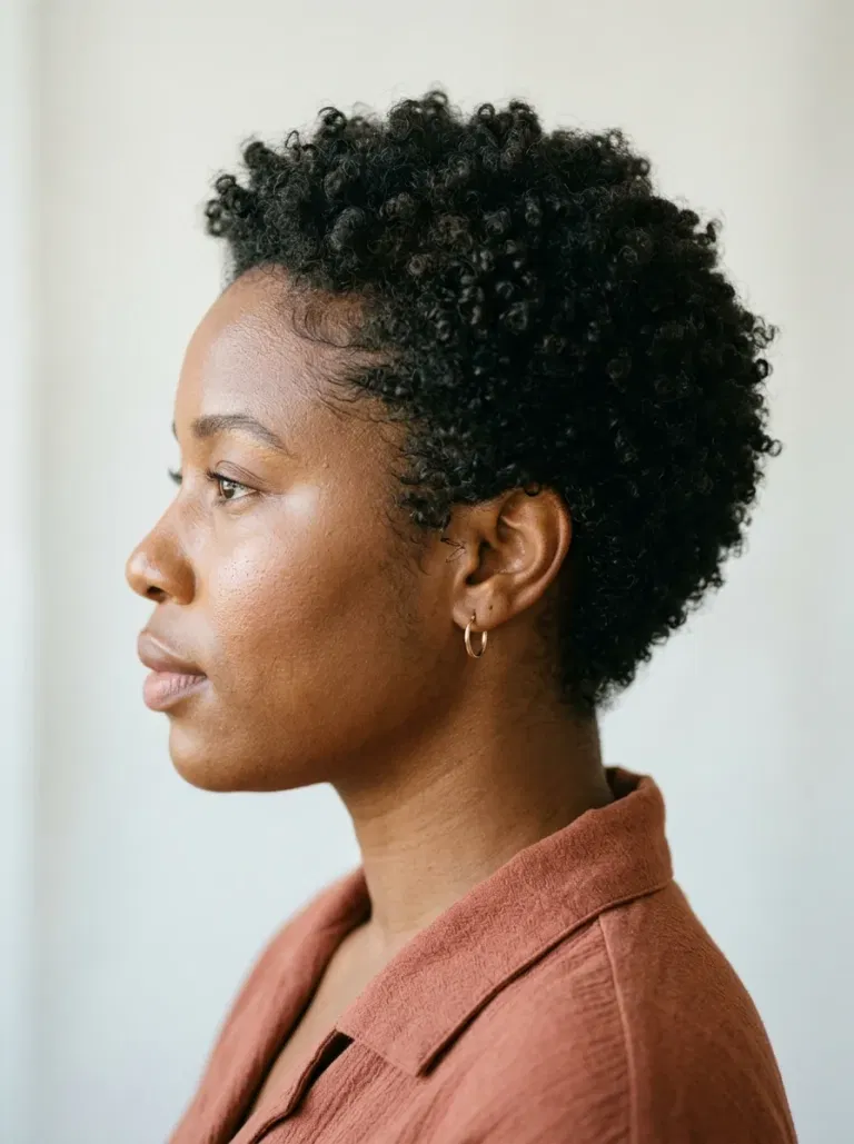 Black woman wearing a curl-by-curl cropped pixie hairstyle