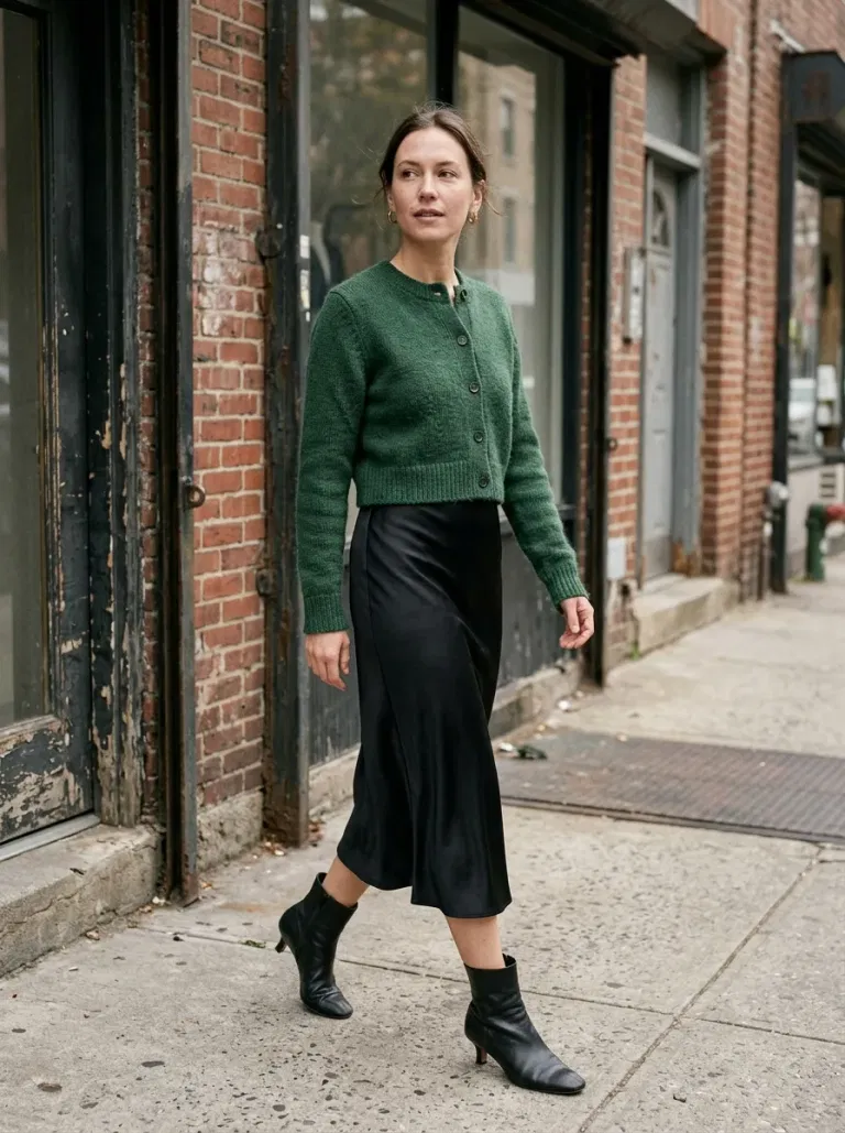 Forest-Green Cropped Cardigan with Black Satin Midi Skirt