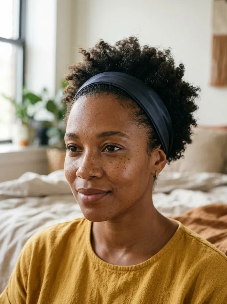 Black woman wearing a low-profile headband pixie hairstyle
