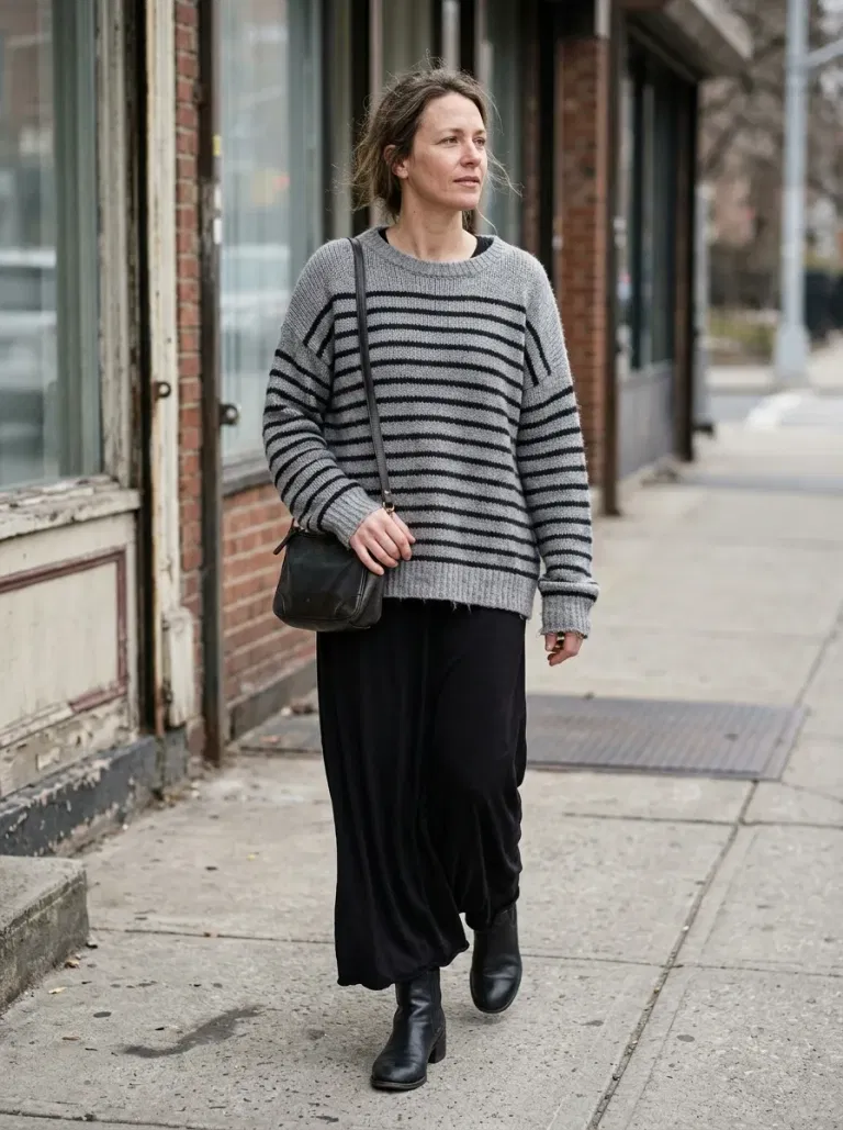 Grey-And-Black Striped Relaxed Sweater with Black Jersey Maxi Dress