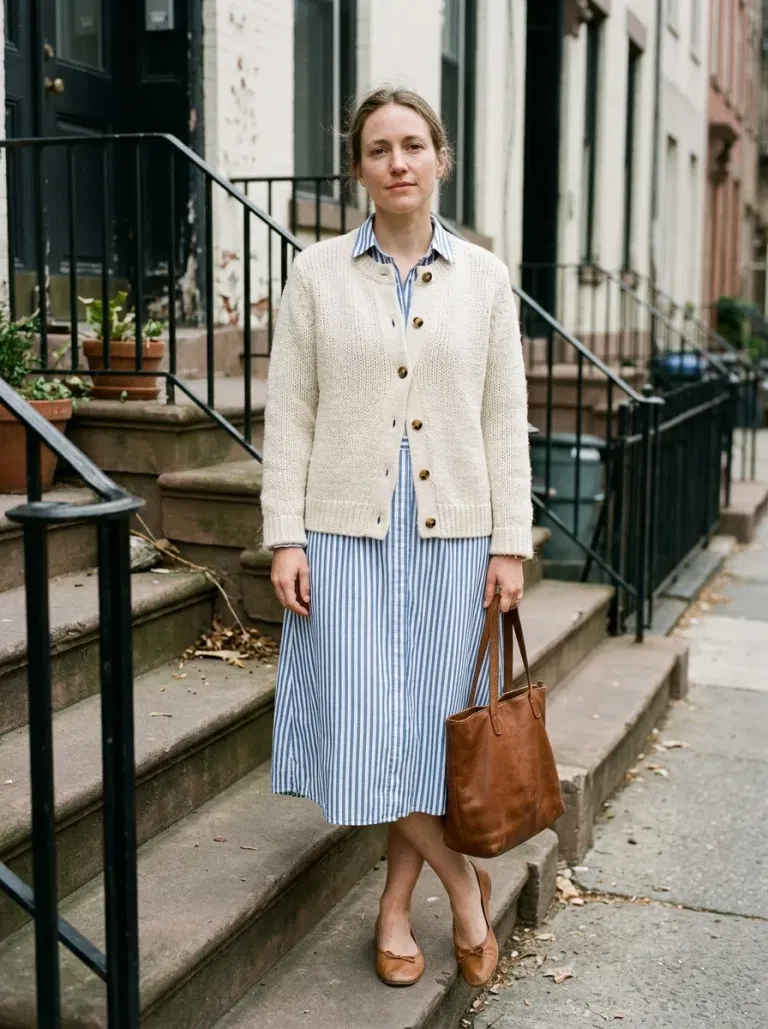 Cream Collarless Cardigan with Blue Striped Shirt Dress