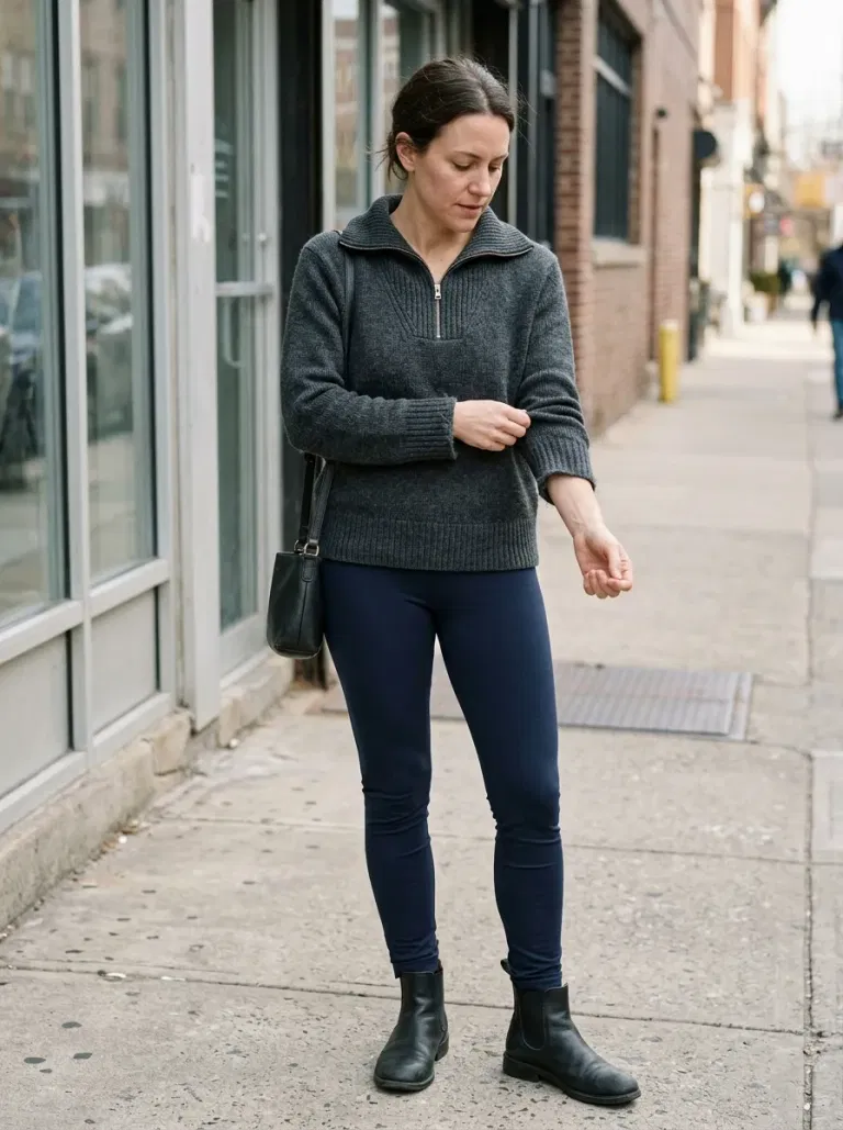 Dark-Grey Half-Zip Sweater with Navy Ponte Leggings
