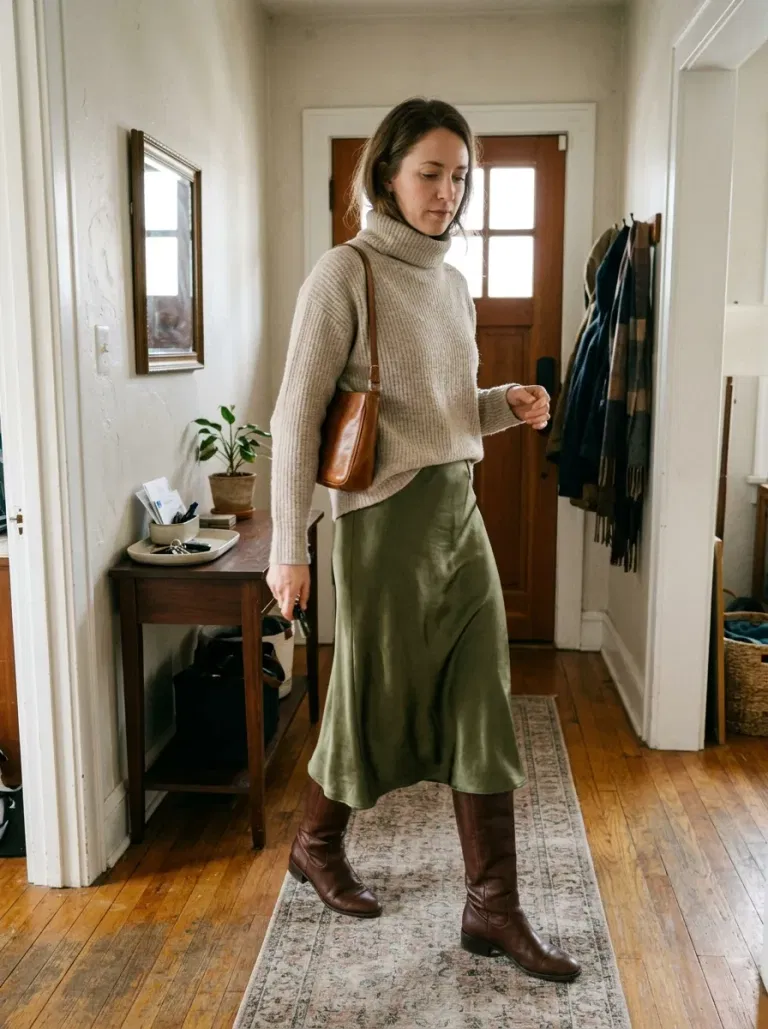 Olive Midi Skirt and Oatmeal Turtleneck