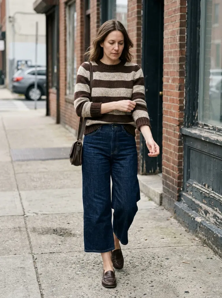Chocolate-And-Oatmeal Striped Sweater with Dark Denim Culottes
