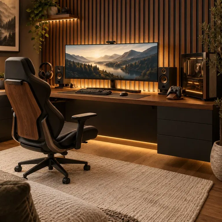 Gaming desk with a wide monitor, warm backlighting, and a wood slat wall