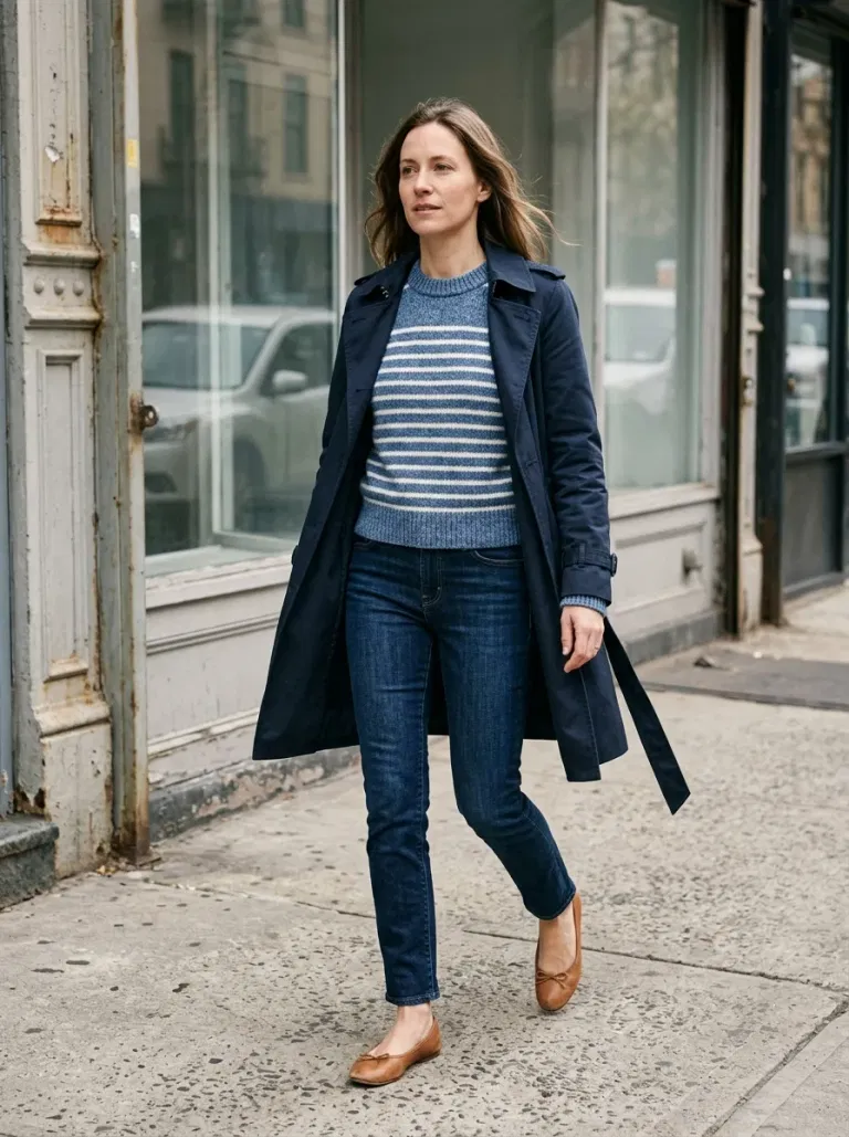Blue-And-White Striped Crewneck Sweater with Dark Indigo Cigarette Jeans