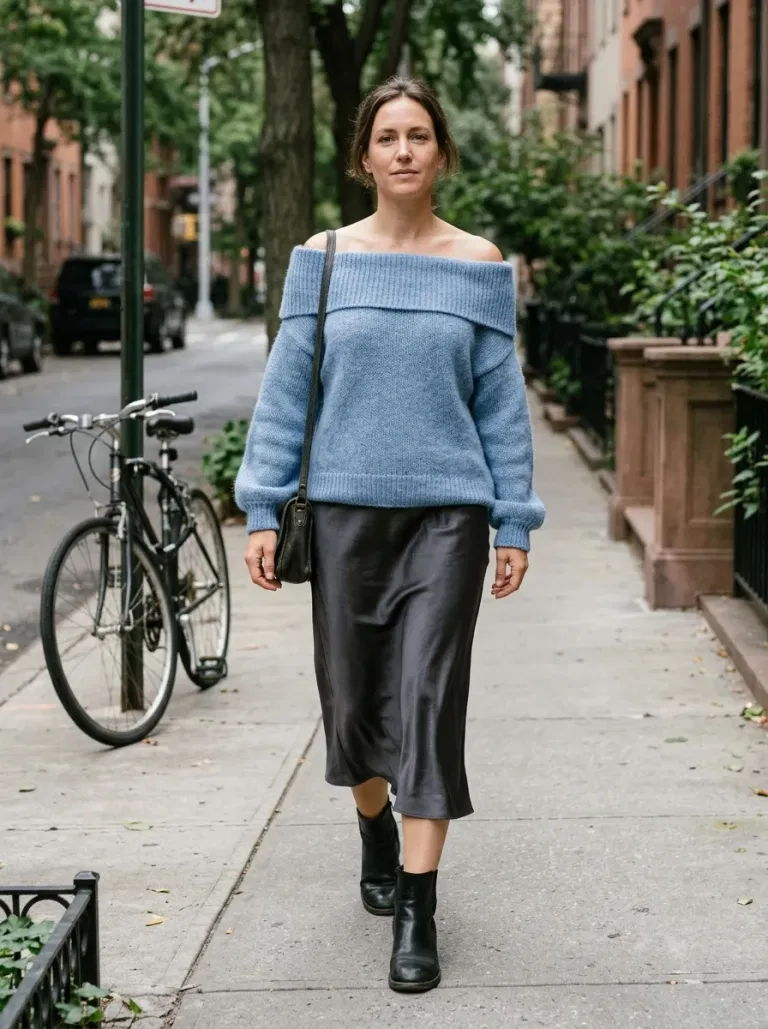 Soft-Blue Off-The-Shoulder Sweater with Charcoal Slip Dress