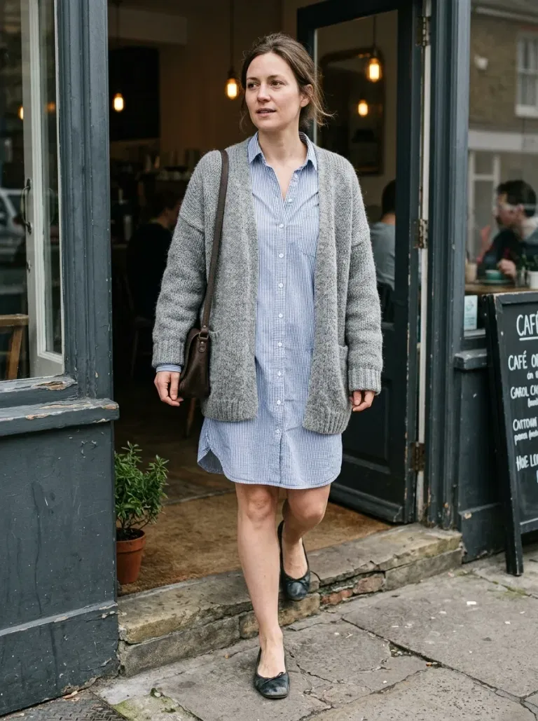 Grey Boyfriend Cardigan with Blue Striped Shirt Dress