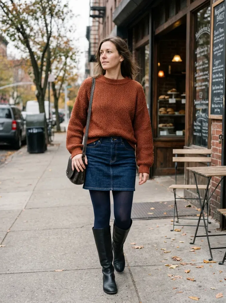 Rust Seed-Stitch Sweater with Navy Denim Mini Skirt