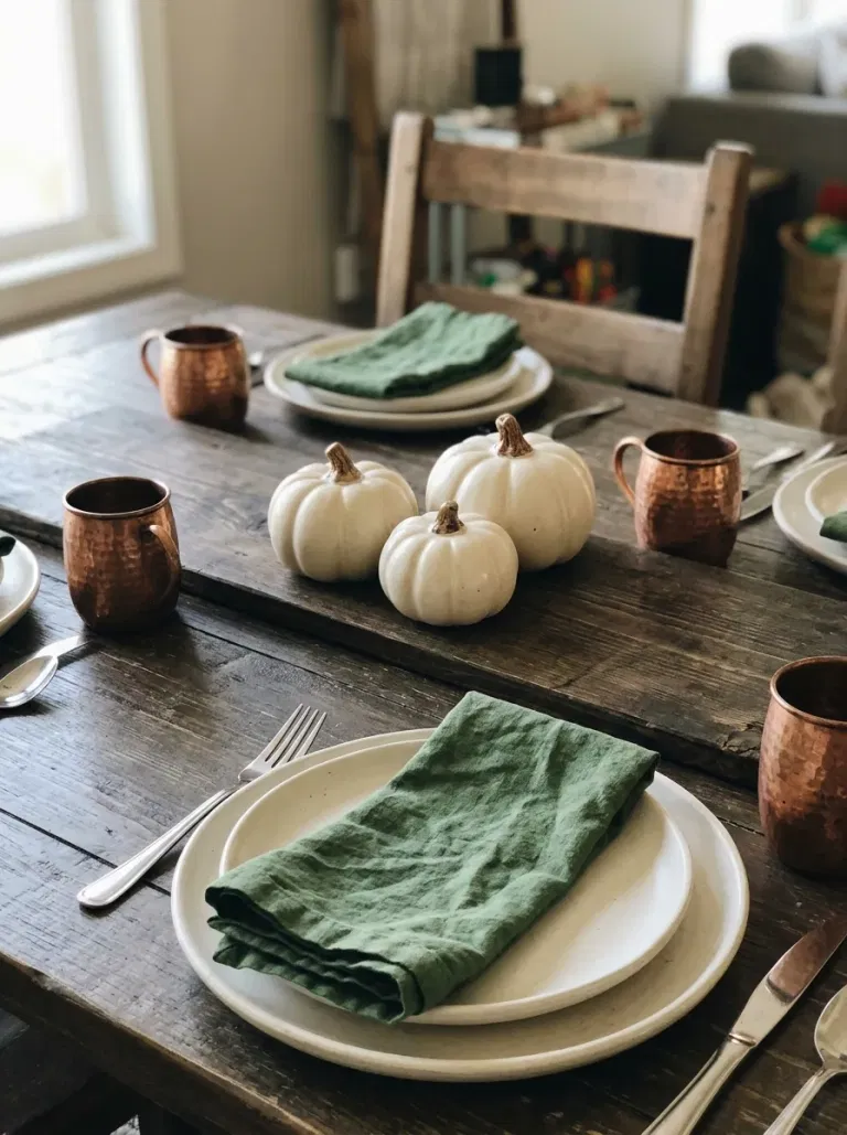 Copper Mugs and Forest Green Napkins