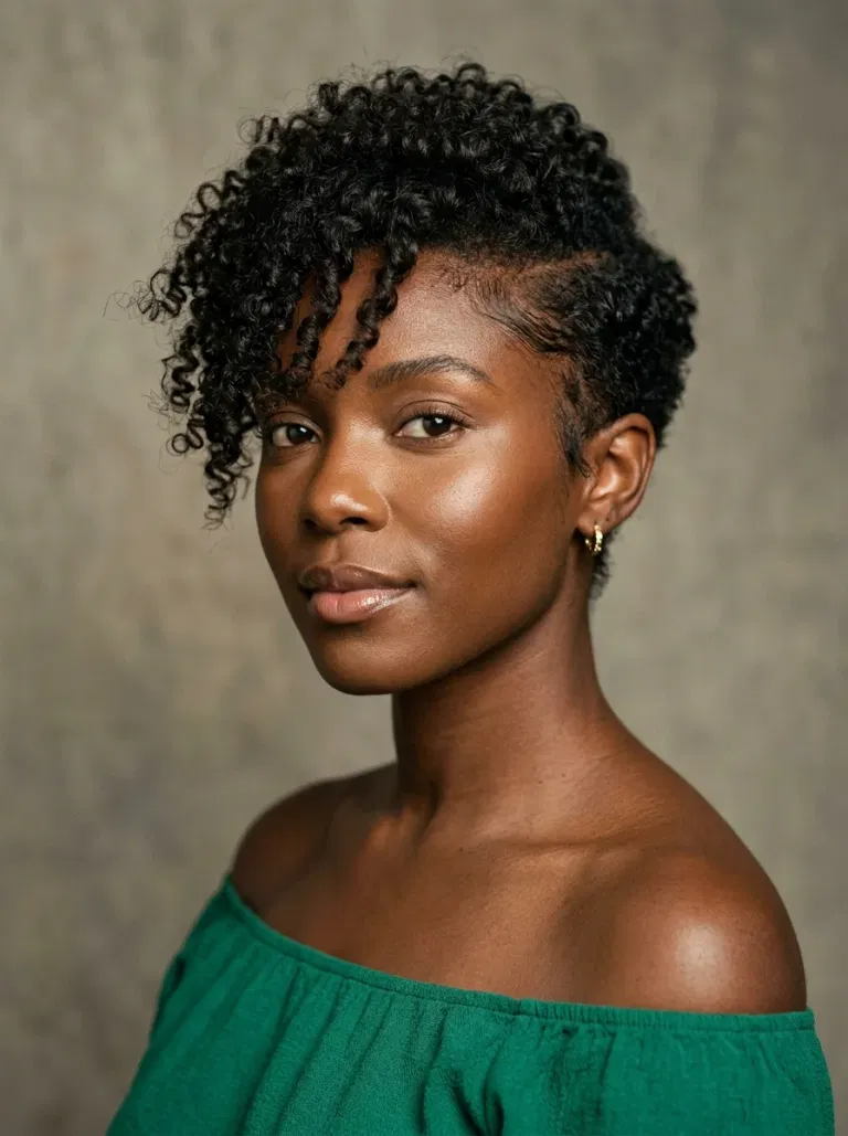 Black woman wearing a curly fauxhawk pixie hairstyle