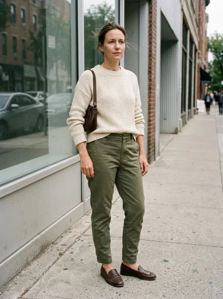 Cream Seed-Stitch Sweater with Olive Tapered Trousers