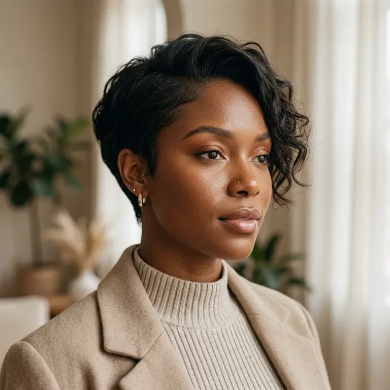 Black woman wearing a textured long-top pixie haircut