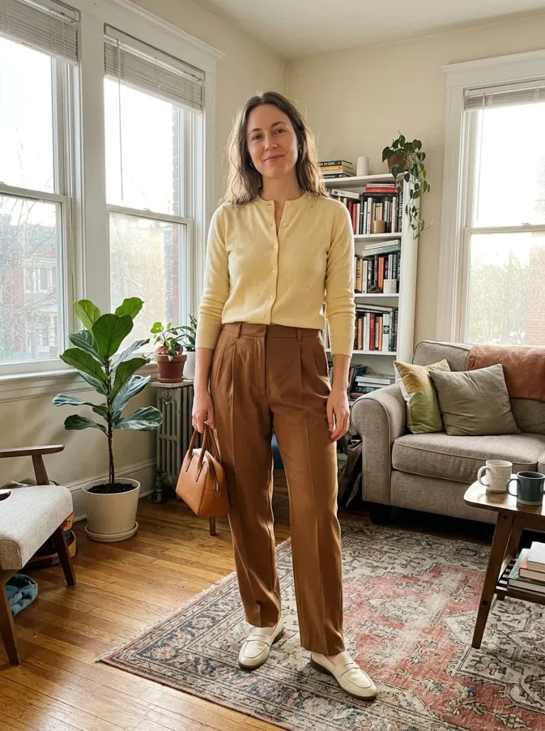 Butter-Yellow Cardigan and Tobacco Trousers