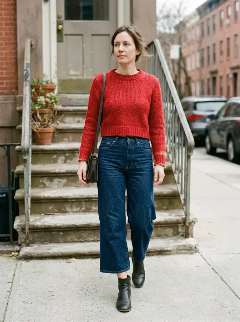 Red Cropped Crewneck Sweater with High-Rise Dark Culotte Jeans