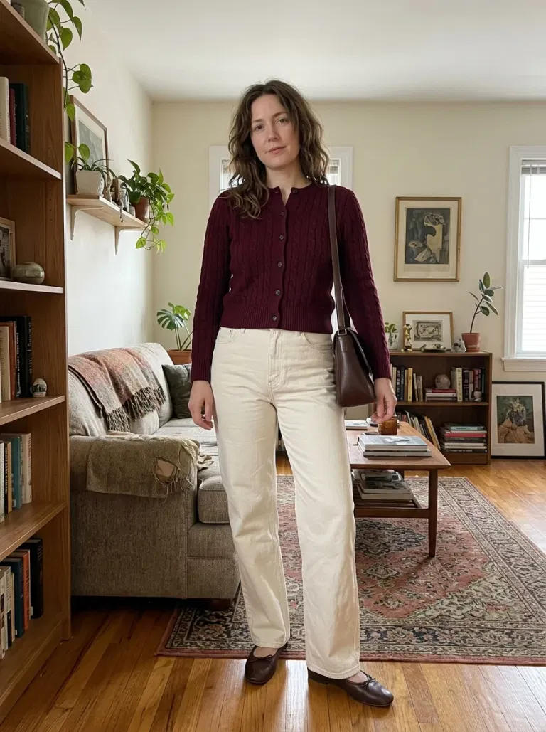 Wine Cardigan with Cream Denim