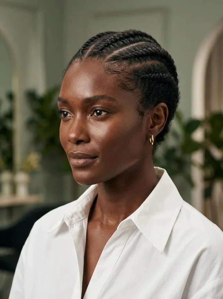 Black woman wearing a braided pixie top hairstyle