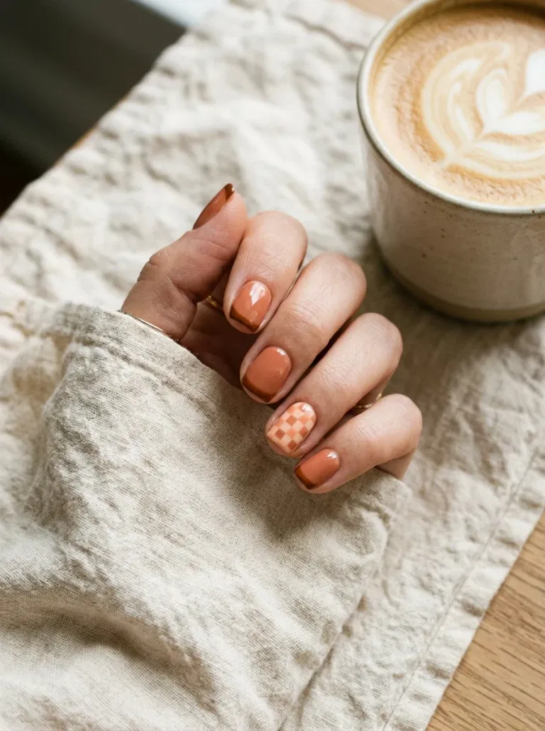 Caramel Checkered Tips nail design