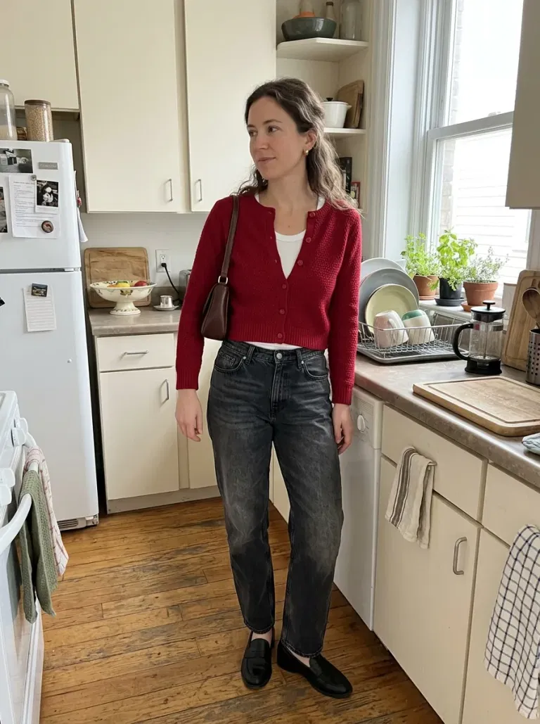 Cherry-Red Cardigan and Washed Black Jeans