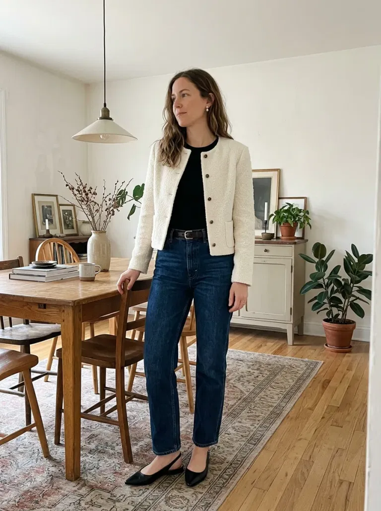 Ivory Bouclé Jacket with Dark Straight Jeans