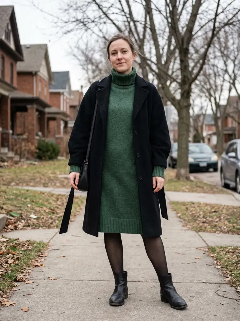 Forest-Green Turtleneck Sweater Dress with Black Belted Coat