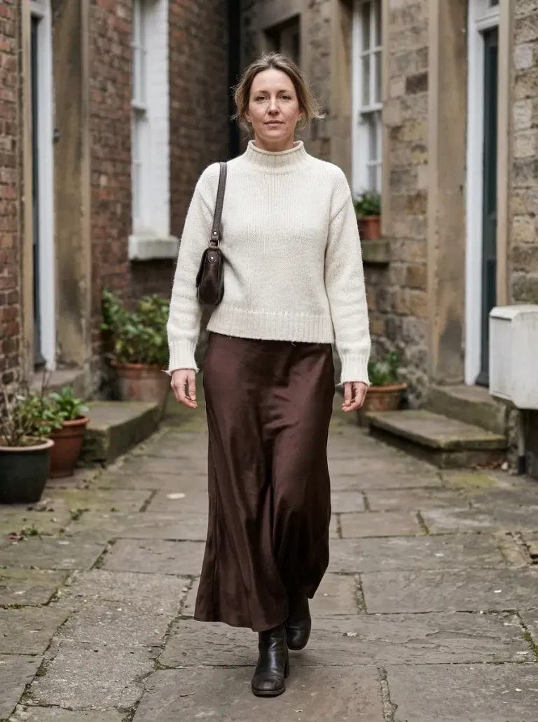 Ivory Mock-Neck Sweater with Chocolate Satin Maxi Skirt