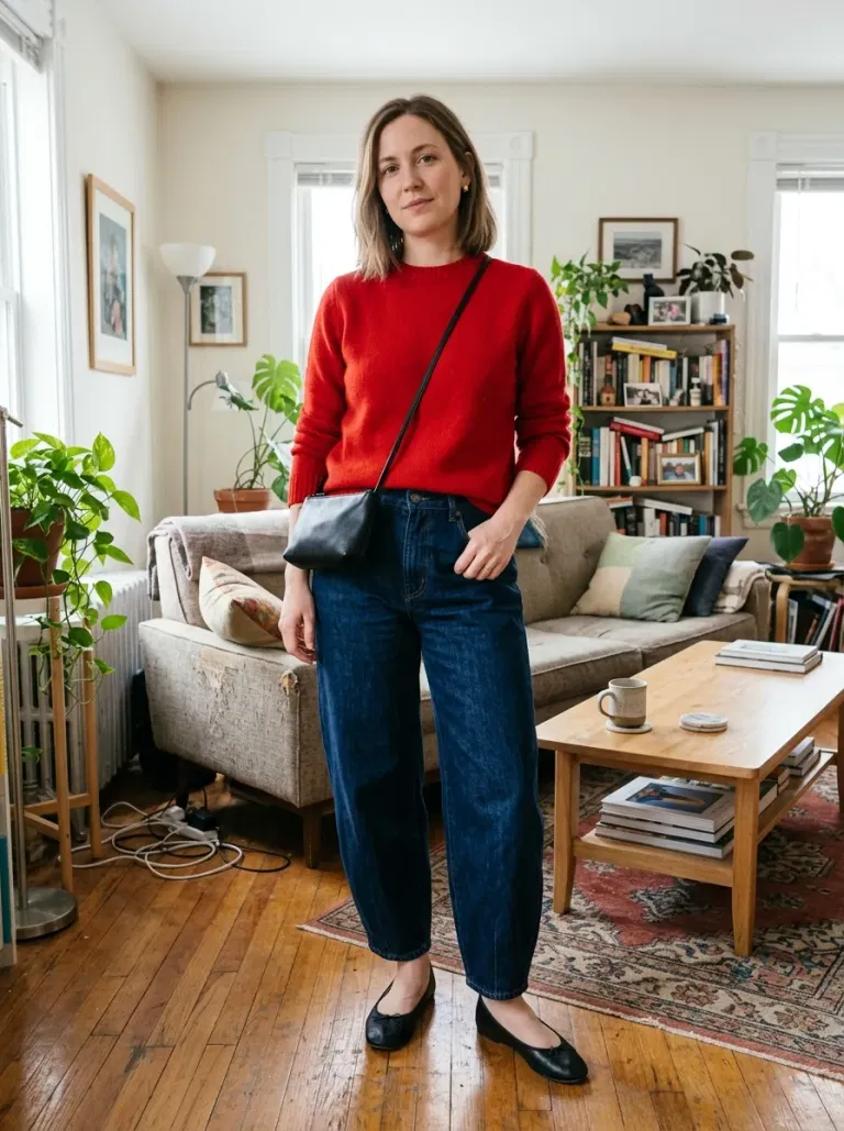 Red Crewneck and Dark Barrel Jeans
