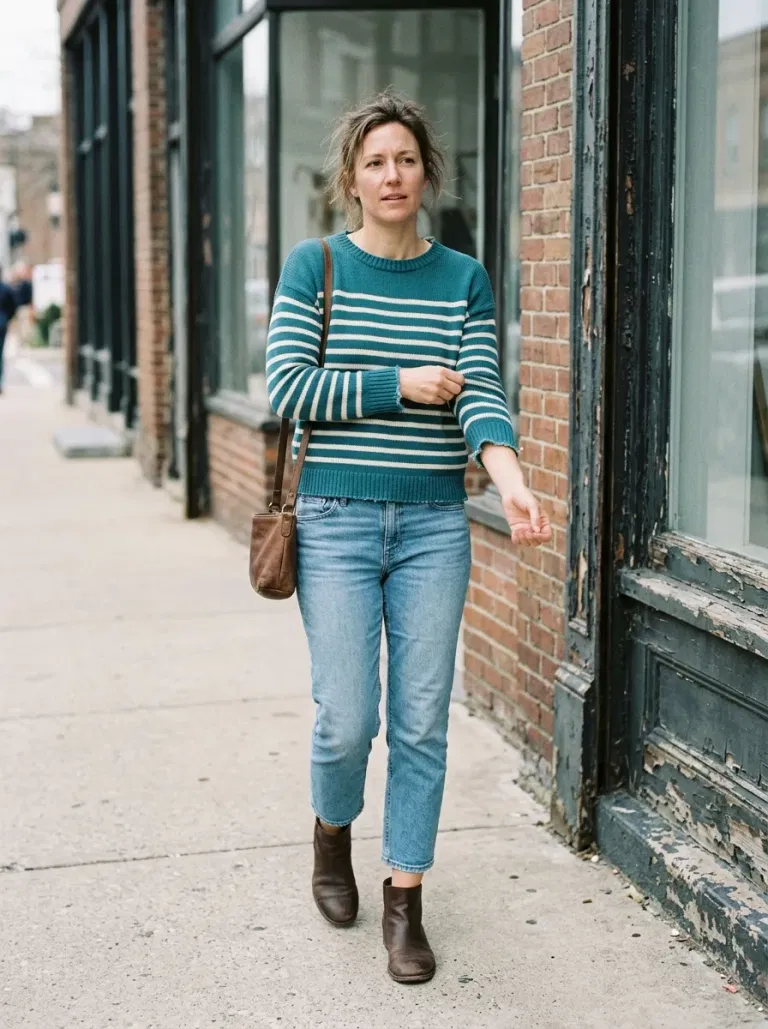 Teal-And-Cream Striped Cotton Sweater with Light Blue Cropped Jeans