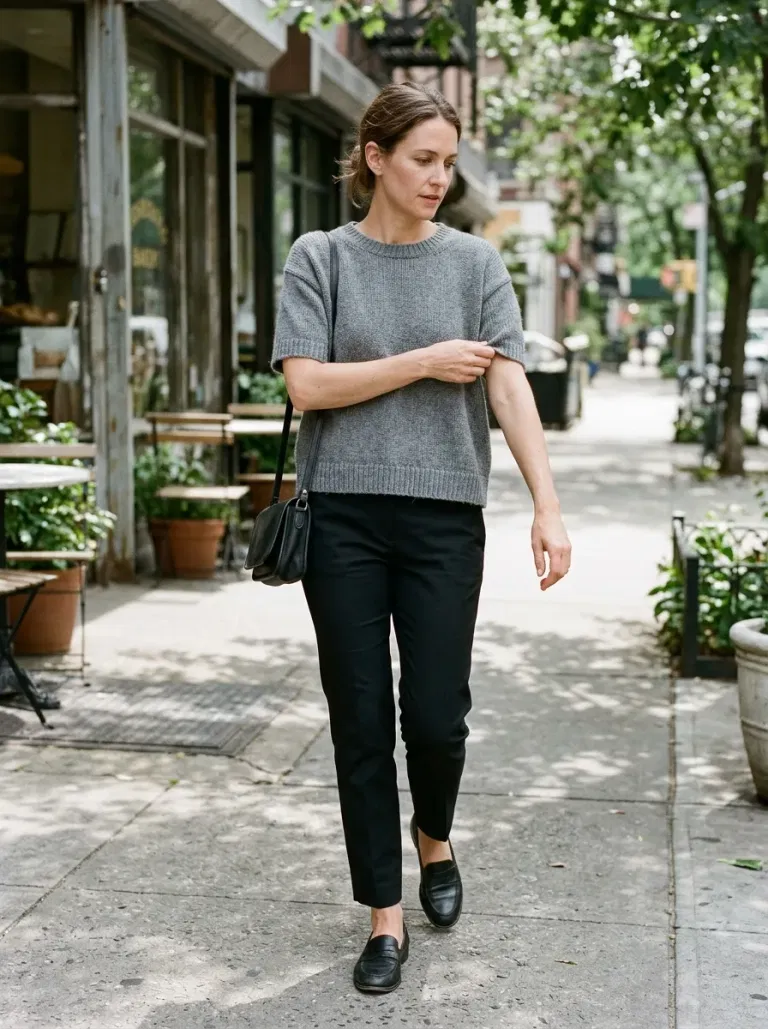 Grey Short-Sleeve Boxy Sweater with Black Cigarette Trousers