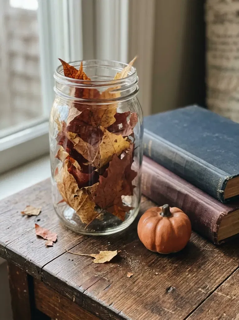 Glass Jar of Colorful Leaves