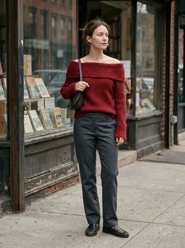 Red Off-The-Shoulder Foldover Sweater with Dark Grey Straight Trousers