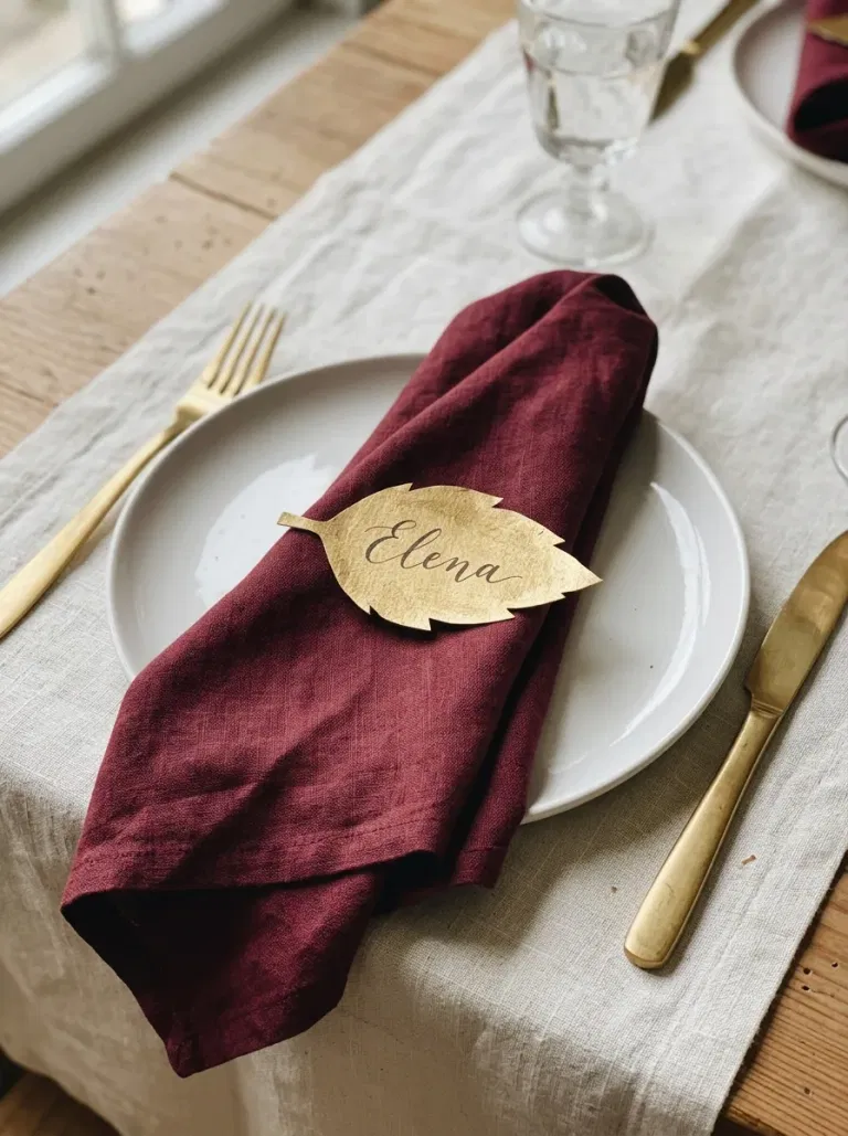 Burgundy Napkin with Gold Leaf Name Tag