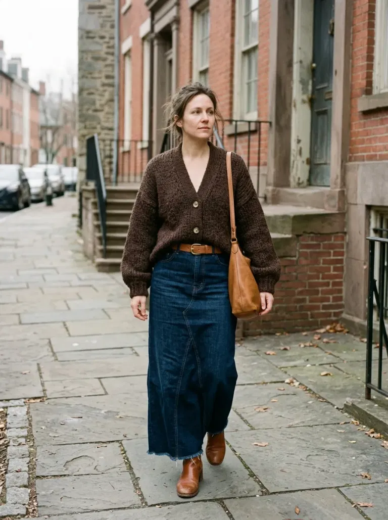 Chocolate Chunky Knit Cardigan with Dark Denim Maxi Skirt